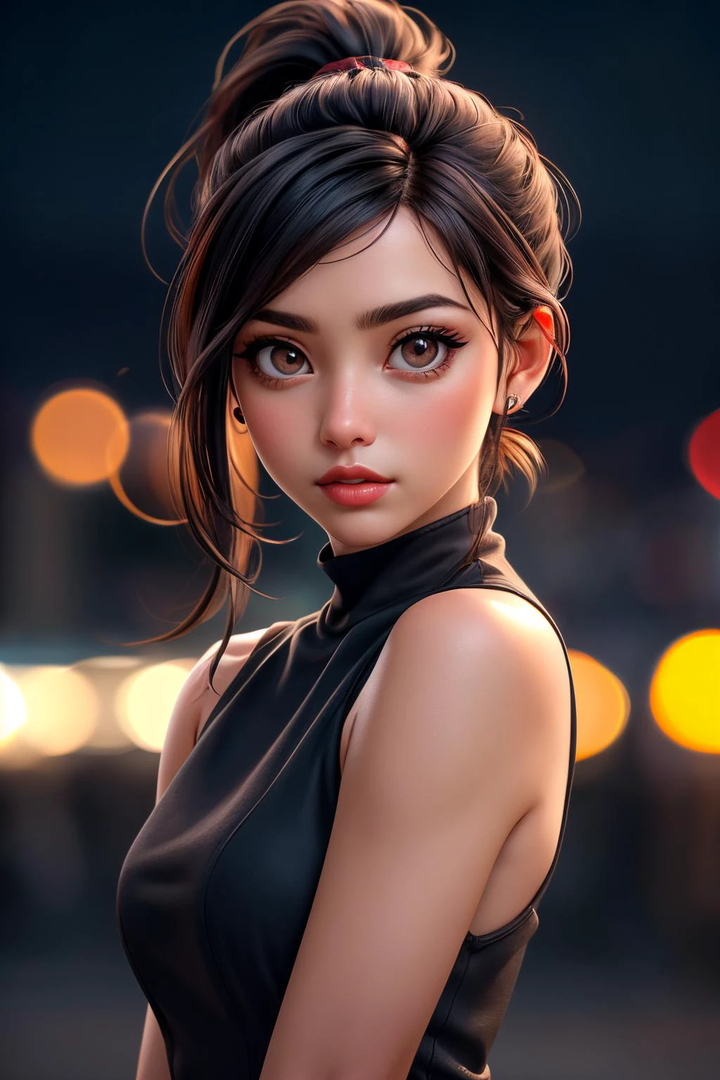 <lora:Sexy-Ecuadorian:1> black straight hair, ponytail, dark brown eyes, full lips, solo, looking at viewer, city background, blurred background, bokeh, deep of field, kkw-ph1, <lora:LORA-XenoDetailer-v2:1>