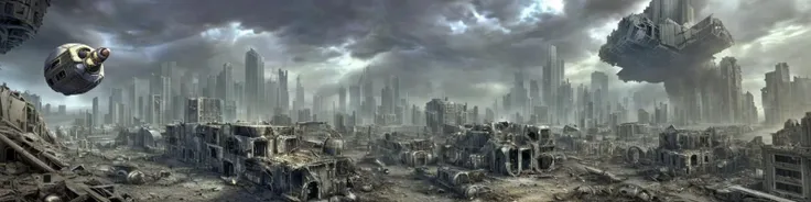 a detailed scaled (small spacecraft hovering over) a modern building in front of a (city in ruins:1.2).
<lora:Wasteland:0.65> Wasteland, the, and, with, wasteland, background
