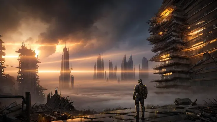 cityscape, <lora:Wasteland:0.66> Wasteland, the, and, with, wasteland, background, (darkness) , (at night) , (overwhelming:1.2) , (high details:1.0) , (Photorealistic:1.2) , subsurface scattering, (detailed background visible:1.2) , (crafted style) (detailed hyperrealism) , (At heart composition) , (captivating photograph:1.2) , [by Adrian Donoghue and Ettore Tito:15], architecture, city of a (dark rainbow theme:0.7) , landscape of a ((waterfall:0.3) out of building ruin) , Gold 2 human in sci-fi planet explorer outfit standing in front of background, Foggy conditions, Canon EF, 80mm, masterpiece, photography