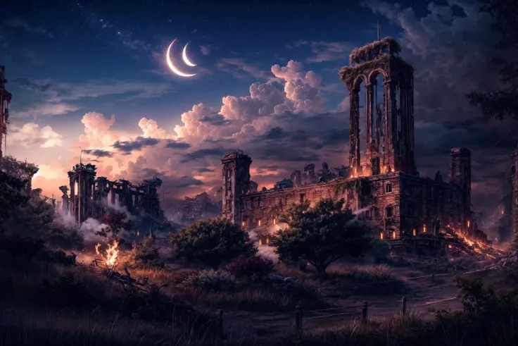 <lora:Wasteland:1>, the ruins city, skyscraper, fire, flame, scarps, damaged building, plants, grass, vine, moss,
<lora:more_details:0.8>, extremely detailed, CG, finely detail, (masterpiece, best quality):2.0, (intricate details, depth of field),
8k, HDR, ultra detailed, ((photorealistic)), professional light, cinematic lighting, fashion photography, ambient lighting, atmospheric effects,
<lora:Night scene_20230715120543:0.47>, (night):1.2, starry star, 1moon, one moon, beautiful sky,