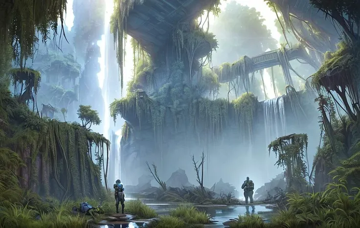 2wimen, 2men, (science fiction (explorer outfit:1.1)) standing in front of waterfall, shallow water, (overgrown:1.16) ruins in background,
<lora:Wasteland:0.75> Wasteland, the, and, with, wasteland, (intricate detailed background:1.1),
(wide angle:0.8), perfect lighting, early morning light, blue soft light,