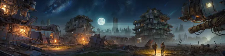cityscape, <lora:Wasteland:0.66> Wasteland, the, and, with, wasteland, background, (darkness) , (at night) , (overwhelming:1.2) , (high details:1.0) , (Photorealistic:1.2) , subsurface scattering, (detailed background visible:1.2) , (crafted style) (detailed hyperrealism) , (At heart composition) , (captivating photograph:1.2) , architecture, city of a landscape of a ((waterfall:0.3) out of building ruin) , lovely cute 2 human in sci-fi planet explorer outfit standing in front of background, Moon in the night, [ (stylized by Atelier Olschinsky:1.1) , George Birrell:5], Beautifully Lit, Intentional Camera Movement, Canon RF, Depth of field 100mm