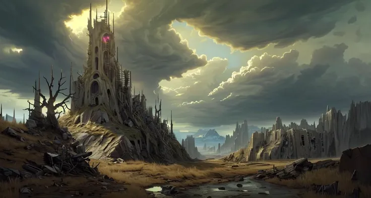 <lora:philipp_urlich:0.60> outdoors, scenery, cloud, no humans, cloudy sky, tree, landscape, mountain,
<lora:Wasteland:0.85> Wasteland, the, and, with, wasteland, background, city ruins, wallpaper art of a Ornate ("The Burst of Doom":1.1) , photolab