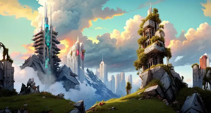 <lora:philipp_urlich:0.65> outdoors, scenery, cloud, no humans, cloudy sky, tree, landscape, mountain,
<lora:Wasteland:0.75> Wasteland, the, and, with, wasteland, background, (white futuristic (overgrown) city ruins) , stylized by Wade Guyton, wallpaper art of a ("The Death of Hate":1.2) , Vivid, Peaceful, adobe lightroom, Pixabay