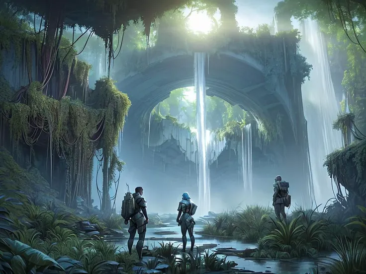 2wimen, 2men, (science fiction (explorer outfit:1.1)) standing in front of waterfall, shallow water, (overgrown:1.16) ruins in background, 
 <lora:Wasteland:0.50> Wasteland, the, and, with, wasteland, (intricate detailed background:1.1),
(wide angle:0.8), perfect lighting, early morning light, blue soft light,