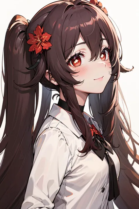 <lora:HuTao_v2.3-000015:1>,hutao, 1girl, solo, looking at viewer, flower, smile, simple background, hair ornament, white background, hair flower, choker, blush, shirt, white shirt, sidelocks, collared shirt, from side, closed mouth
