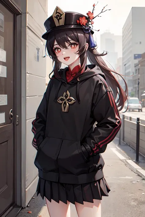 <lora:HuTao_v1.9-000010:1>,HuTao Genshin,1girl,solo,shy,hat,hat flower,hoodie,(hands in pockets:1.2),;d,pleated_skirt,