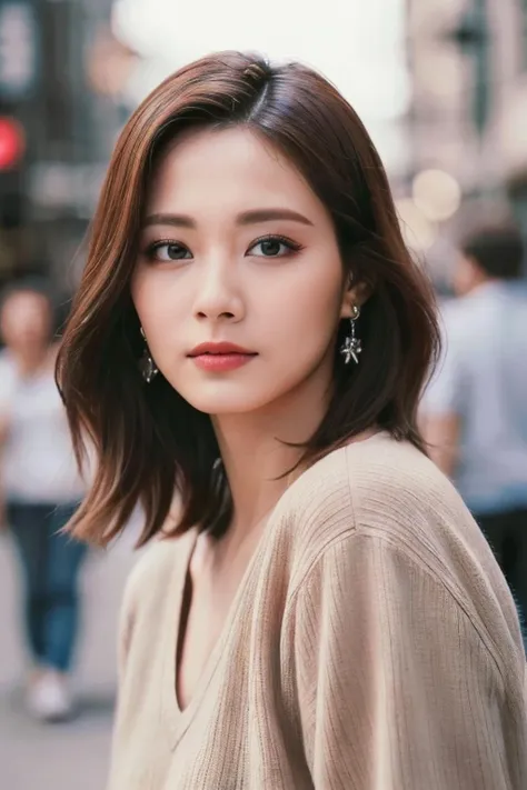 a woman, (realistic), (hyperrealism), (photorealistic), depth of field, eye makeup:0.5, (upper body:1.2), (narrow waist:0.7), looking at the viewer, casual outfit, at the city streets, <lora:httptzuyu:0.45>