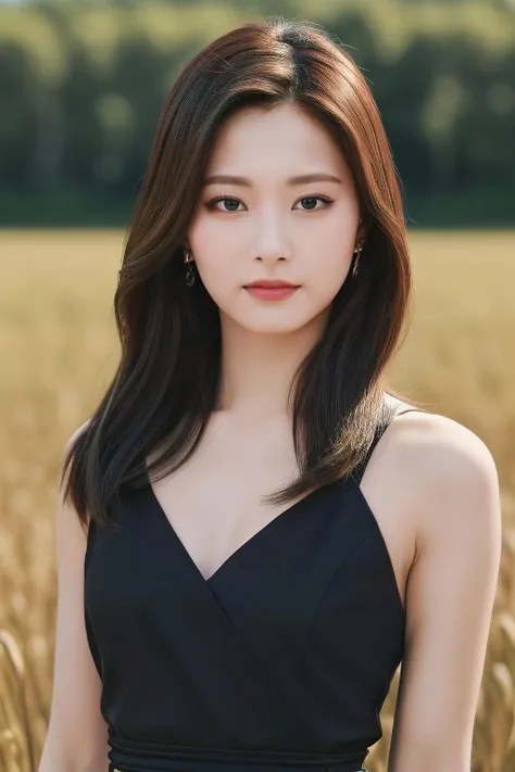 tzuyu1, a woman, (realistic), (hyperrealism), (photorealistic), depth of field, eye makeup:0.8, (upper body:1.2), (narrow waist), looking at the viewer, black dress, at the field, <lora:httptzuyu:0.45>