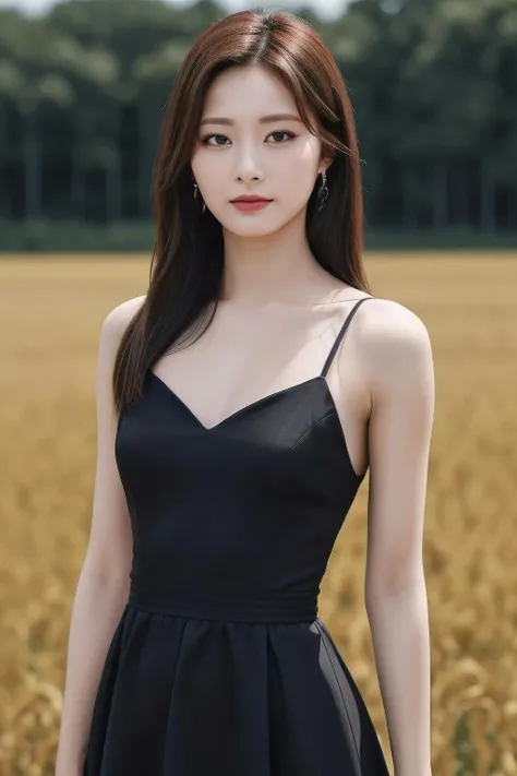 tzuyu1, a woman, (realistic), (hyperrealism), (photorealistic), depth of field, eye makeup:0.8, (upper body:1.2), (narrow waist), looking at the viewer, black dress, at the field, <lora:httptzuyu:0.45>