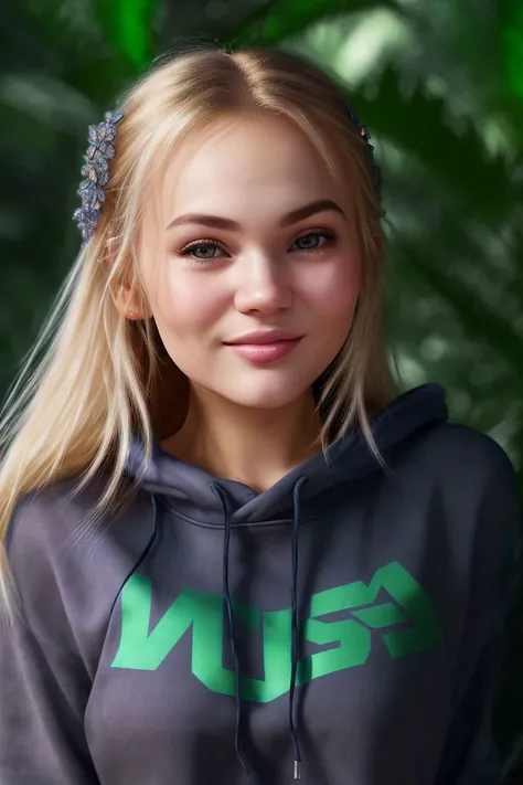 closeup portrait of S085_TaliaCherry, a stunning woman, in a (jungle:1.1), wearing a (dark-sweatshirt:1.3), (8k, RAW photo, best quality, DOF, ultra high res:1.2), (absurdres, intricate, photorealistic, masterpiece, ultra-detailed, Unreal Engine:1.3)