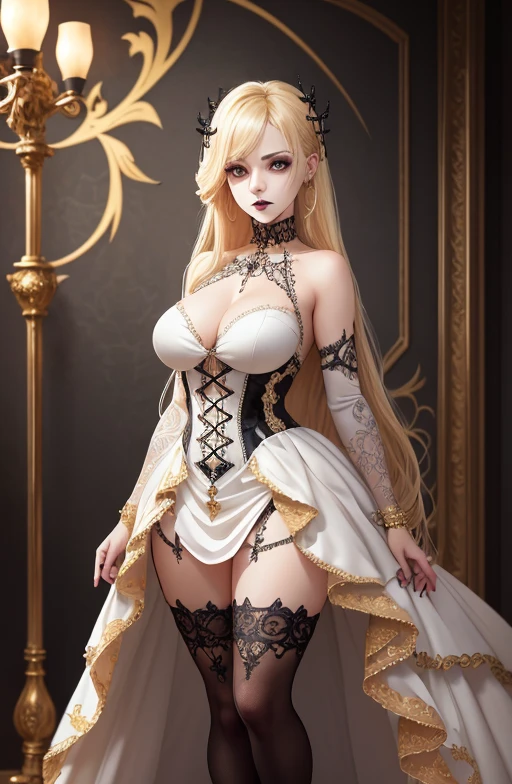 proportional eyes, extremely detailed, hyper detailed, soft lighting, detailed background, extreme detail background, sharp details, (wide shot), (full body), (((goth))) lady with blonde hair, wearing a white dress with golden details