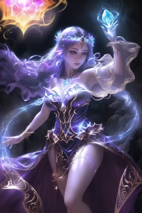 a sexy enchantress, elegant robes, summoning a fireball, runes, glowing symbols, magic spell, (Josephine Wall:0.9), highly detailed, geodes, light flowing in and out of her body, flowing glowing water, iridescent, bioluminescent, (blackbody emmittance 120%), (365nm ultraviolet wavelength ambient light), (phosphorescent fabric:1.2), (chromatic aberation:1.1), (f-stop 1.9:1.2), (Global illumination ambient occlusion:1.1), (light caustics:1.2), (ray-traced:1.1), (emissivity vapors:1.1), (subsurface scattering:1.2), [hawaiian]