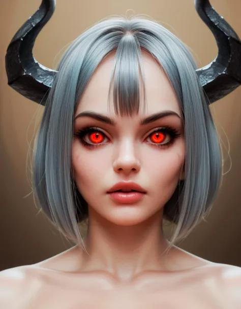 horror-themed Wide angle digital illustration, (Demonic female character with dark ash-gray face:1.3), Symmetrical composition, Cracked stone texture, Golden veins, (Red luminescent eyes:1.3), Several twisted horns, Intricate golden metallic details, (Golden veins on neck and shoulders:1.2), Gothic architectural background, Bluish light from top center, (Ominous atmosphere:1.2), Deep shadows, Highlighted facial features, Sinister expression, Realistic digital art, Fantastic influence, eerie, unsettling, dark, spooky, suspenseful, grim, highly detailed