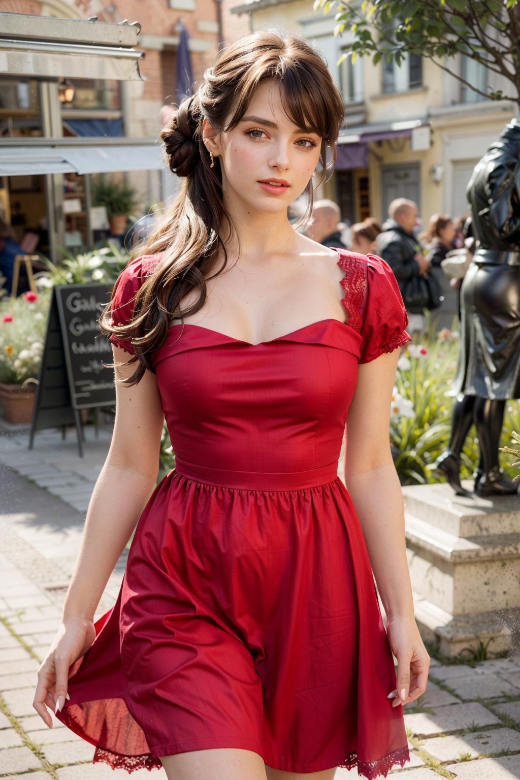Araffe woman in red dress walking down a sidewalk in a city - SeaArt AI