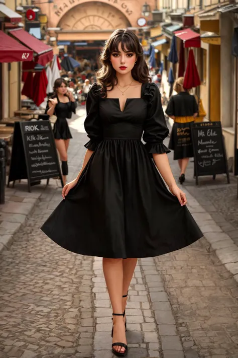 solo,1girl,4K, Masterpiece, highres, absurdres, 
edgEV, a woman in a black dress is walking down a street ,wearing edgEV_vintage dress
  <lora:edgEuropean_Vintage:0.8>