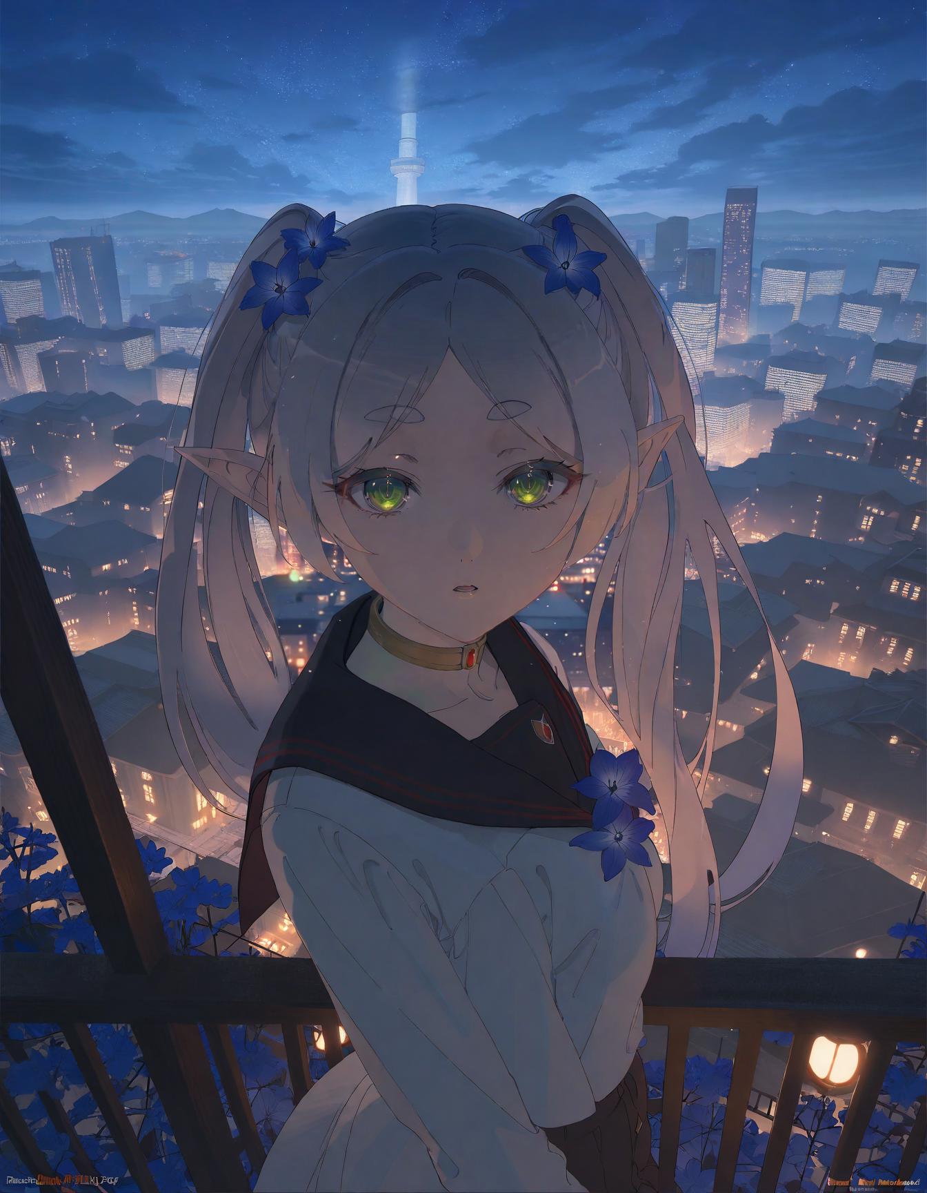 A girl with long hair standing on a balcony looking at the city - SeaArt AI