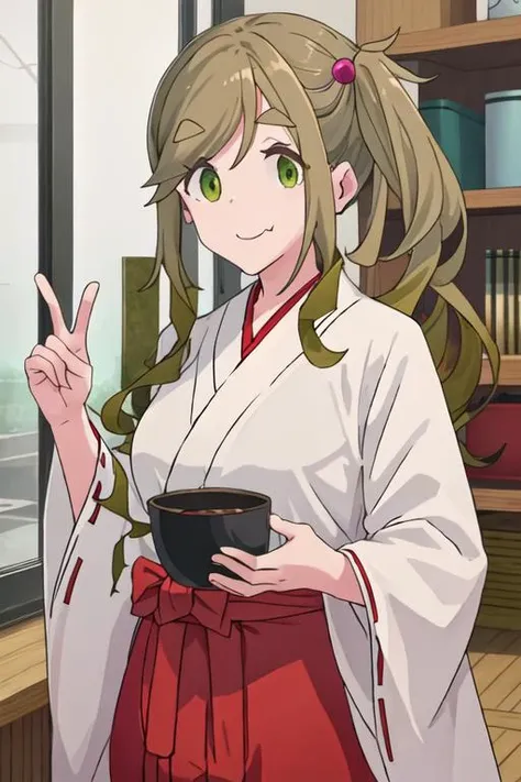 best quality, masterpiece, highres, solo, {white kimono:1.35}, {red hakama:1.35}, {wide sleeves:1.20}, {inuyama_aoi_yurucamp:1.15}, thick_eyebrows, long_hair, fang, skin_fang, brown_hair, green_eyes, smile, closed_mouth, side_ponytail, hair_ornament, hair_bobbles
