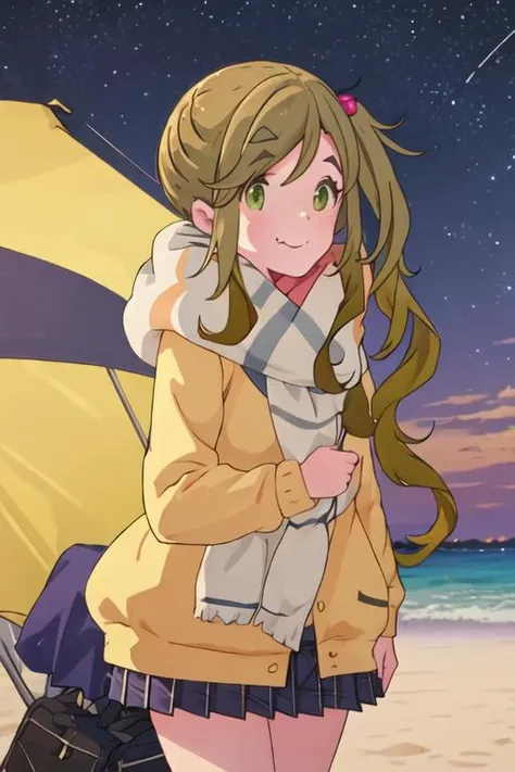 best quality, masterpiece, highres, solo, {night:1.10}, {starry sky:1.10}, beach, beautiful detailed sky, {extremely detailed background:1.20}, {inuyama_aoi_yurucamp:1.15}, {standing:1.10}, looking at viewer, {bikini:1.30}, thick_eyebrows, long_hair, fang, skin_fang, brown_hair, green_eyes, smile, closed_mouth, side_ponytail, hair_ornament, hair_bobbles, light smile