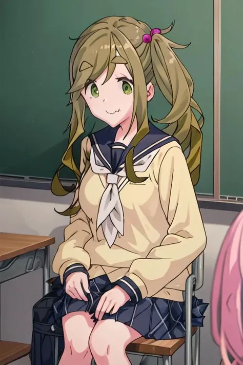 best quality, masterpiece, highres, solo, {inuyama_aoi_yurucamp:1.15}, thick_eyebrows, long_hair, fang, skin_fang, brown_hair, green_eyes, smile, closed_mouth, side_ponytail, hair_ornament, hair_bobbles, 2girls, motosu_school_uniform, multiple_girls, sailor_collar, school_uniform, serafuku, upper_body, neckerchief, solo_focus, pink_hair, white_neckerchief