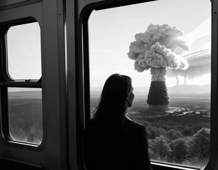 three cornered window, back of head shot of (woman looking out of triangle window:1.1), 3rd person, Looking out the triangular window of a (train:1.1) with triangular windows, triangular windows and triangular, wheels,  in a fantasy world, 
psychedelic, geometric, vivid light, high contrast, triadic colors, dark shadows,  explosions, nuclear mushroom cloud, nuclear explosion, dystopian nightmare, 
(beautiful composition),
21 yo woman,