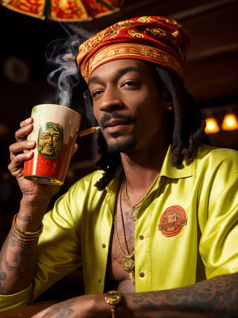 a closeup photorealistic photograph of happy blunt smoking snoop dogg at trader vic's bar sitting next to a trader vic's themed tiki mug featuring snoop dogg's face. tiki culture. bright scene. 4 k hd image that's trending on artstation, featured on behance, well rendered, extra crisp, features epic composition and the style of unreal engine.