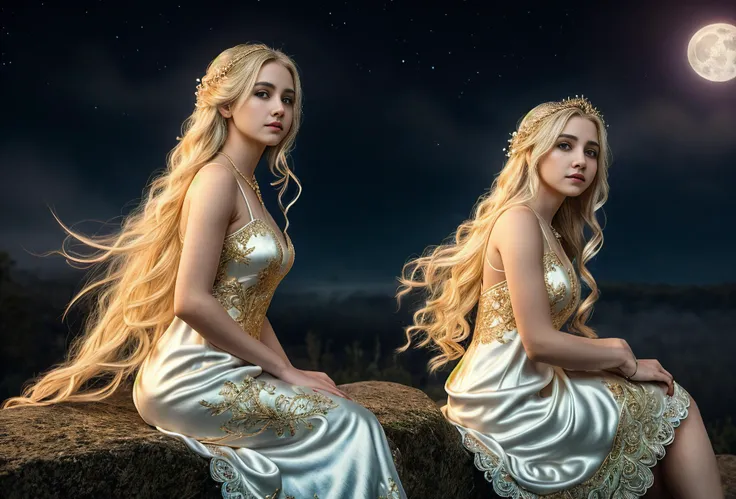 a beautiful fairy princes sitting with her hands behind her back on a rock wearing a white silk dress with intricate gold lace designs, a blue moon behind her. fantasy, (intricate details), (hyperdetailed), 8k hdr, highly detailed, extreme details, high quality, perfectly framed, (colored), a blue moon behind her, dark fantasy, 1girl, lips, fit, long blonde hair, sitting, solo, (intricate details), (hyperdetailed), 8k hdr, high quality, (colored), ((night with mist)), full moon, happy, perfect eyes, beautiful eyes