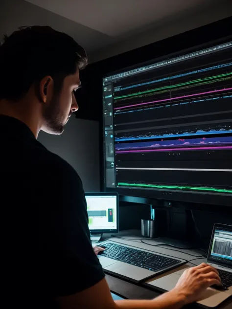 guy editing a video in after effects infront of a computer screen, wide angle