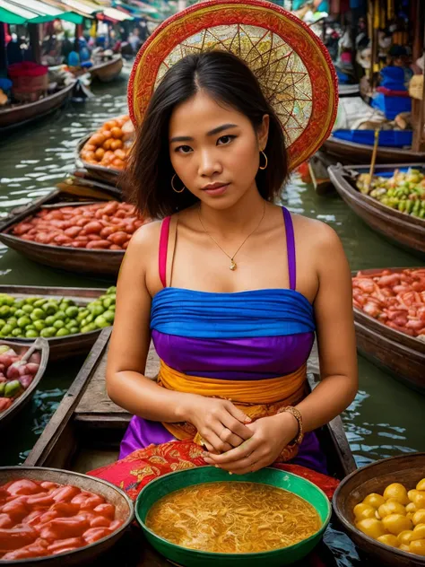 ((best quality)), ((masterpiece)), ,Award-winning photography: Portrait of a beautiful woman surrounded by the vibrant colors of the floating markets in Bangkok, Thailand. (Photorealistic, cinematic composition: 1.3) <lora:Elixir:1>