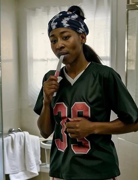 high resolution digital photo of <lora:DeniseSA:0.65> realistic DeniseSA brushing her teeth, (red toothbrush) dark skin, in a bathroom, ponytail, beanie, layered long sleeves shirt, printed shirt, leggings, realistic HD RAW photograph, high resolution, high quality, intricate detail, DSLR, bokeh