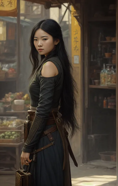 a vietnamese girl in market ,full shot body photo of the most beautiful artwork in the world, medieval, professional majestic oil painting by Ed Blinkey, Atey Ghailan, Studio Ghibli, by Jeremy Mann, Greg Manchess, Antonio Moro, trending on ArtStation, trending on CGSociety, Intricate, High Detail, Sharp focus, dramatic, photorealistic painting art by midjourney and greg rutkowski