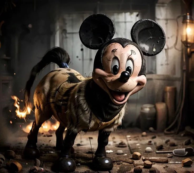 Photo-realistic high resolution photography of simple white background <lora:dorse:0.8> creepy mickey mouse dorse whose void black eyes stares into the viewer's souless husk, tail, hooves <lora:mickey mouse:0.8> , bokeh, LDSR, Depth of Field, OverallDetail