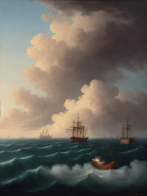 painting of a ship drifting amongst the clouds and fog
