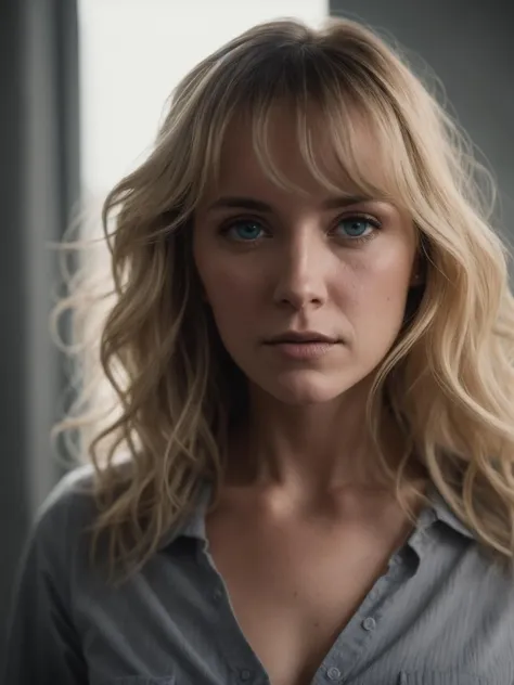 closeup portrait photos split, of 32 y.o white female, wearing gray shirt, wavy dirty-blonde hair, cinematic shot, very dark dramatic blind lighting