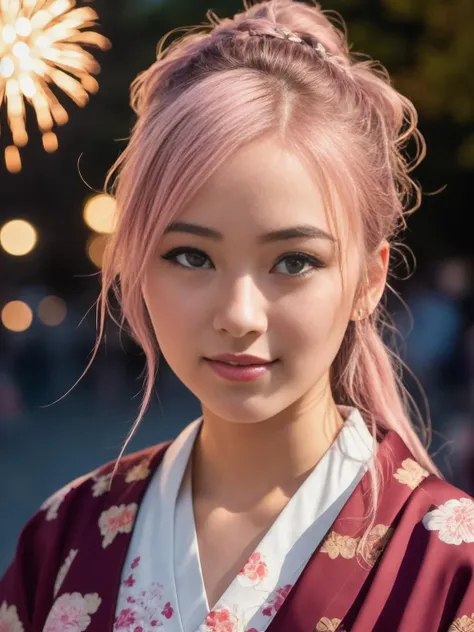 (incredibly absurdres, ultra-detailed,8k wallpaper),(masterpiece),(realistic),(photorealistic:1.2),(raw photo:1.2), (best quality:1.2), (detailed face :1.4),(beautiful detailed eyes :1.2),(detailed hair), pink hair, 24 years old girl, flirting on camera, in traditional japanese kimono, night, kyoto, fireworks,(beautiful,cute:1.4)