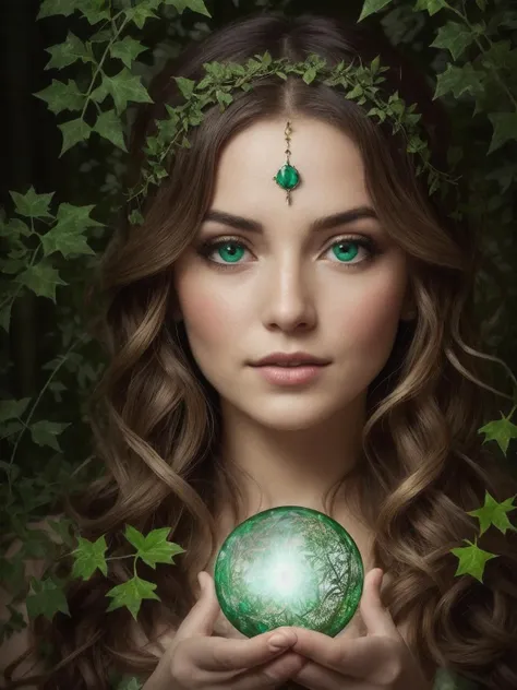 An alluring Fae Woman enchantress, (up close,:1.1) glowing markings, emerald green eyes, golden curly hair, solo, (upper body:0.6), gazing at a floating orb, intricate background, detailed face, (magical forest theme:1.1) (glowing orb:1.05), embodied magical flora, enchanted, harmony, mystic, floral, esoteric symbolism, ivy, glow, luminescence, symmetry, forest spirits, diffused-backlighting, enchanted woodland background, otherworldly magical atmosphere<lora:Elixir:1>