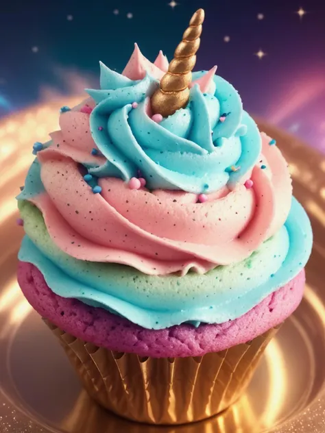 Mystical glowing unicorn cupcakes floating in nebula dust, from above, ambient moonlight, enchanted sparkle, ultra details, photorealistic, realistic, fairy dust lighting, Fantasy, Filmic, medium shot, 4k, Cinematic Lighting, volumetric Light, Ray Tracing Reflections, Chromatic Aberration, magical food photography, hyper realistic, 4k, 8k, (closeup:1.3)<lora:Elixir:1>