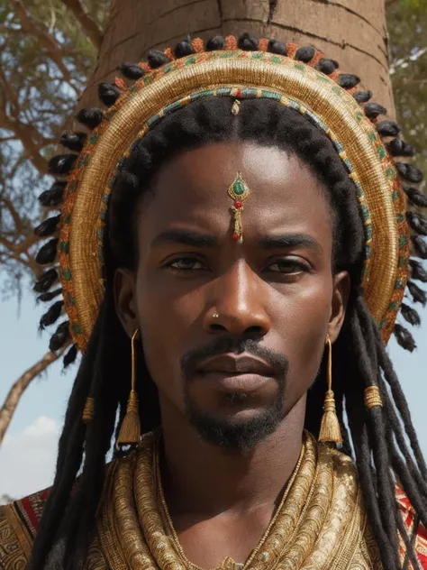Up close Portrait, photograph, of a mature (king:0.7) with a commanding presence, wearing an elaborate headdress, penetrating amber eyes, closely cropped black hair, solo, sitting underneath a baobab tree,, intricate background, proud face, (African savannah theme:1.1), African art, 4k, 8k, absurdres, extreme quality, intricate skin details <lora:Elixir:1>
