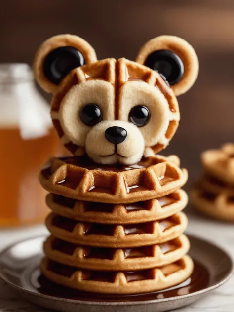A sharp focus photo of an adorable Waffle Bear syrup, 8k, 4k, adorable, cute, children's illustration,<lora:Elixir:1>