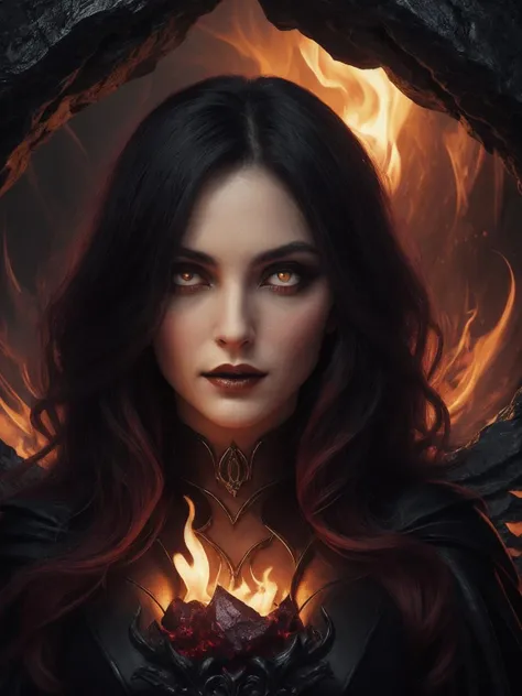 (masterpiece), (unrivalled quality:1.4), ultra-high resolution, [:velvet textures:0.2], hyperrealistic, dark fantasy portrait, 1 woman, adult (succubus:0.7) with a sly smirk, hypnotic ruby red eyes, raven-black hair cascading in waves, solo, detailed face, (cavernous underworld theme:1.1) (demonic wings:1.05), personified forbidden temptation, allure, power, darkness, succubus mythology symbolism, firelight, glow, rich purples and reds, symmetry, obsidian, foreboding cavern background, otherworldly infernal atmosphere <lora:Elixir:1>