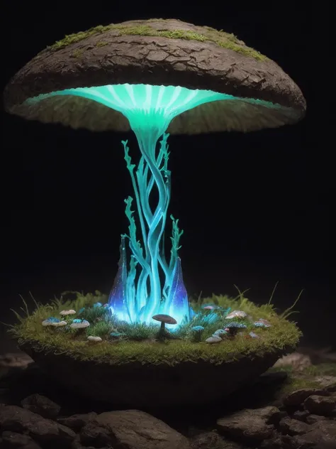 A sharp focus photo of a giant detailed bioluminescence mushroom, up close, (extremely detailed:1.3), Fantasy, octane render, zbrush. Character design, photorealistic, unreal engine, hyper-detailed, concept art, trending on art station. ((best quality)), ((masterpiece)), ((realistic)), (detailed), dark forest, (fantasy forest background illustration:1.1), style-swampmagic, style-nebmagic <lora:Elixir:1>