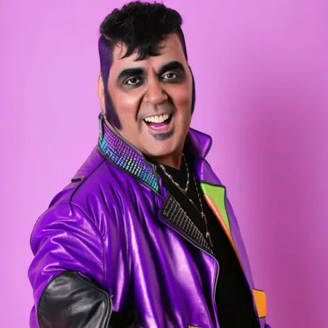 portrait of man (p4nter4:1) with purple leather jacket, heavy punk haircut with rainbow color, middle body, 8k <lyco:locon_perfecteyes_v1_from_v1_64_32:0.9> <lora:p4nter4:1>
