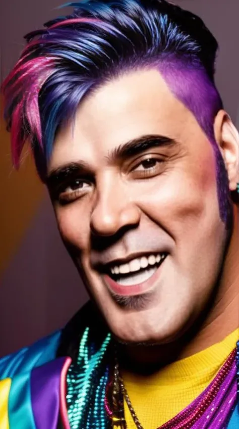 portrait photo of man with a microphone in the hand, detailed face, high quality, rainbow color hair, 8k <lyco:locon_perfecteyes_v1_from_v1_64_32:0.75> <lora:p4nter4:0.85>