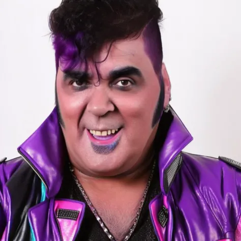 portrait of man (p4nter4:1) with purple leather jacket, heavy punk haircut with rainbow color, middle body, 8k <lyco:locon_perfecteyes_v1_from_v1_64_32:0.9> <lora:p4nter4:1>