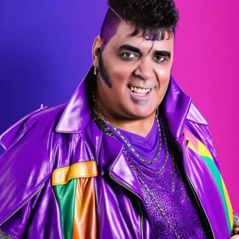 portrait of man (p4nter4:1) with purple leather jacket, heavy punk haircut with rainbow color, middle body, 8k  <lyco:locon_perfecteyes_v1_from_v1_64_32:0.9>  <lora:p4nter4:1>