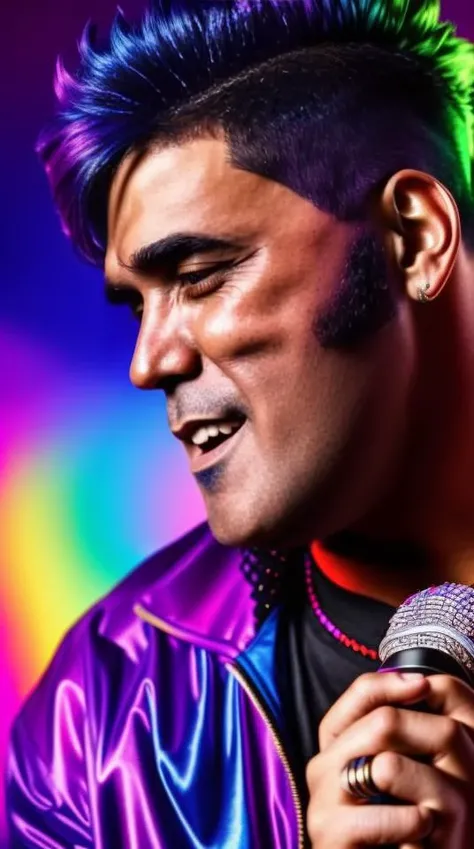 portrait photo of man with a microphone in the hand, detailed face, high quality, rainbow color hair, 8k <lyco:locon_perfecteyes_v1_from_v1_64_32:0.75> <lora:p4nter4:0.85>