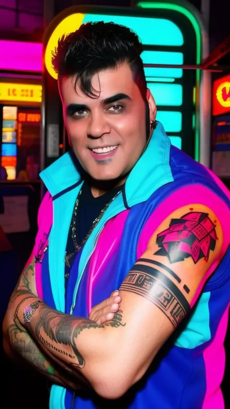 portrait of sks man (p4nter4:1.1) with tattoos in all body, high detailed, high quality, (master piece), blurred neon lights in the background, 4k, 8k, <lora:p4nter4:1>