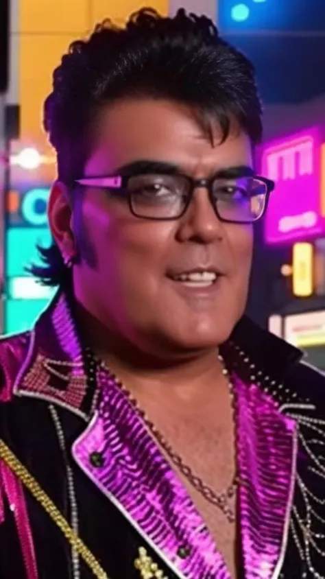 portrait of sks man (p4nter4:1.1) dressed like a rock star with glasses, high detailed, high quality, (master piece), blurred neon lights in the background, 4k, 8k, <lora:p4nter4:1>