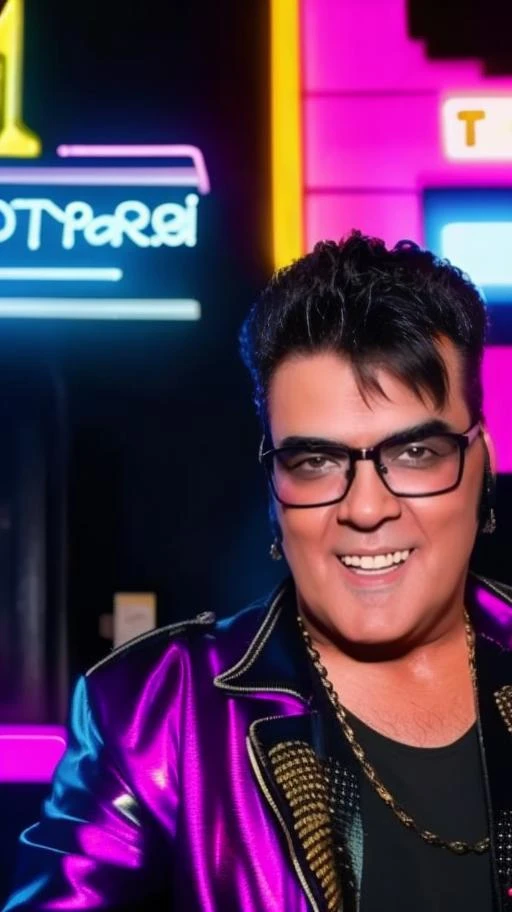 portrait of sks man (p4nter4:1.1) dressed like a rock star with glasses, high detailed, high quality, (master piece), blurred neon lights in the background, 4k, 8k, <lora:p4nter4:1>