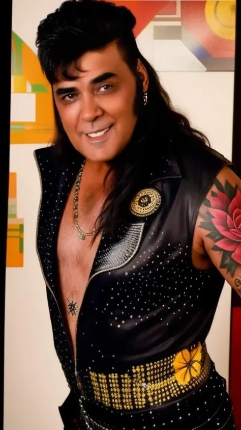 portrait of sks man (p4nter4:1.1) with tattoos like a hippie from the 70s, high detailed, high quality, (master piece), 4k, 8k,  <lora:p4nter4:1>